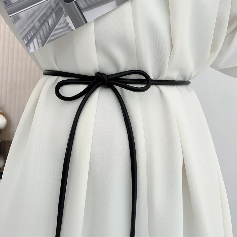 150/160cm Round Leather Thin Belt Women Decorative Bow Knot Waist Rope Knotted Vintage Dress Coat Sweater String Strap Waistband