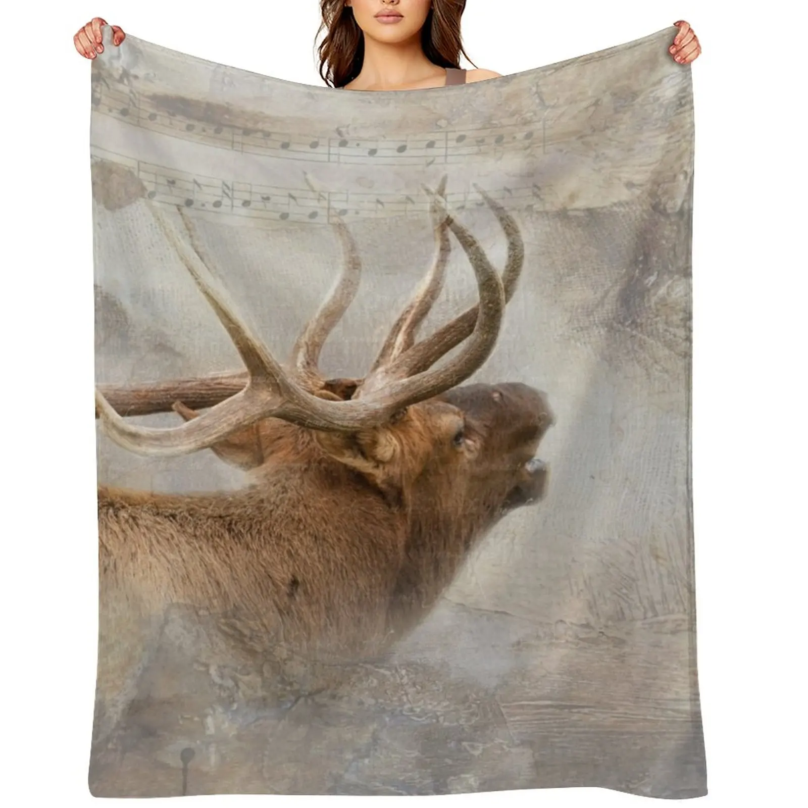 

Sweet Music, Bugling Elk Throw Blanket Flannel Fabric Cute Luxury Designer Blankets Sofas Of Decoration Blankets