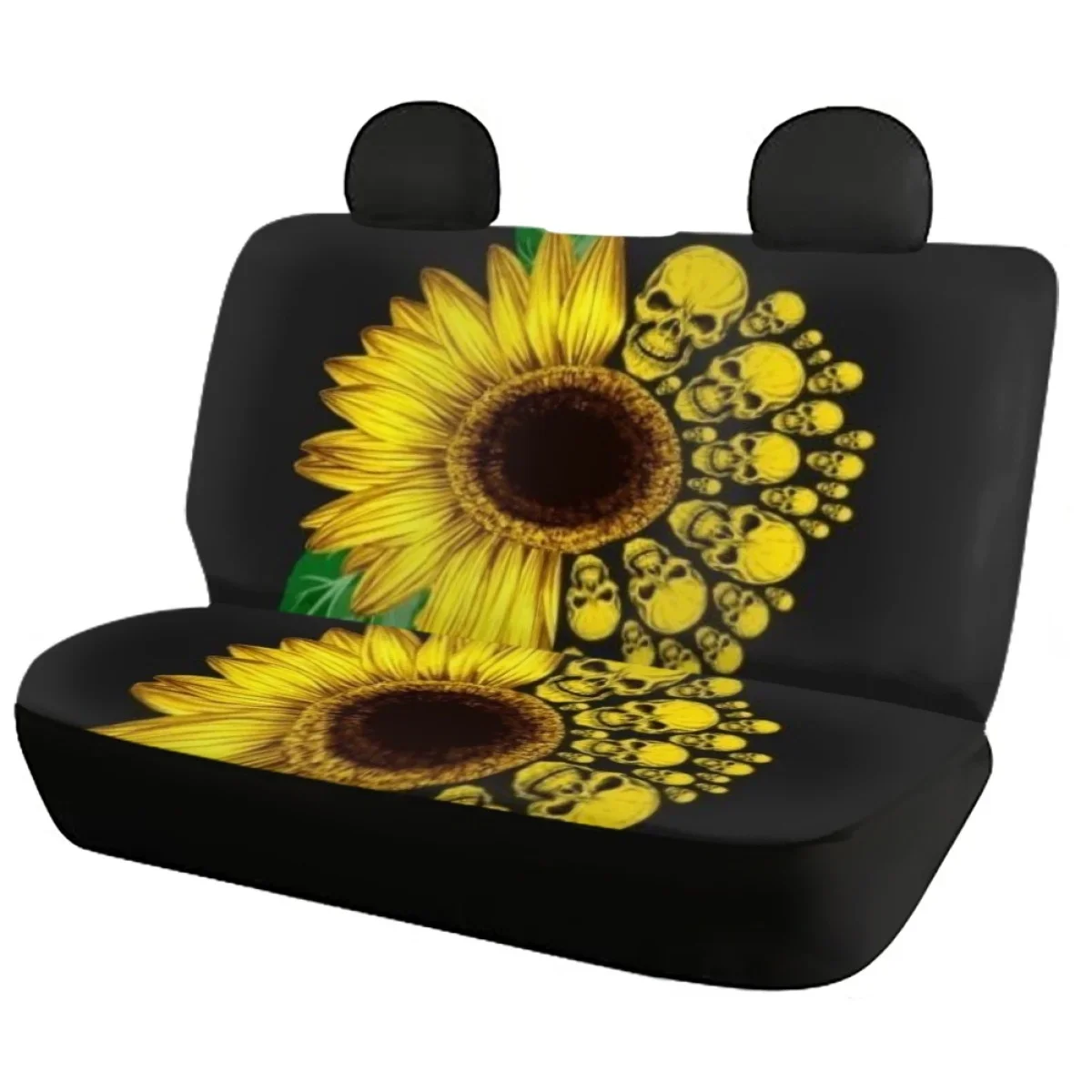 Car Seat Cover Set 3D Skull with Sunflowers Heavy-Duty Nonslip Front/Back Auto Seats Cover Full Set Universal Most of Vehicle