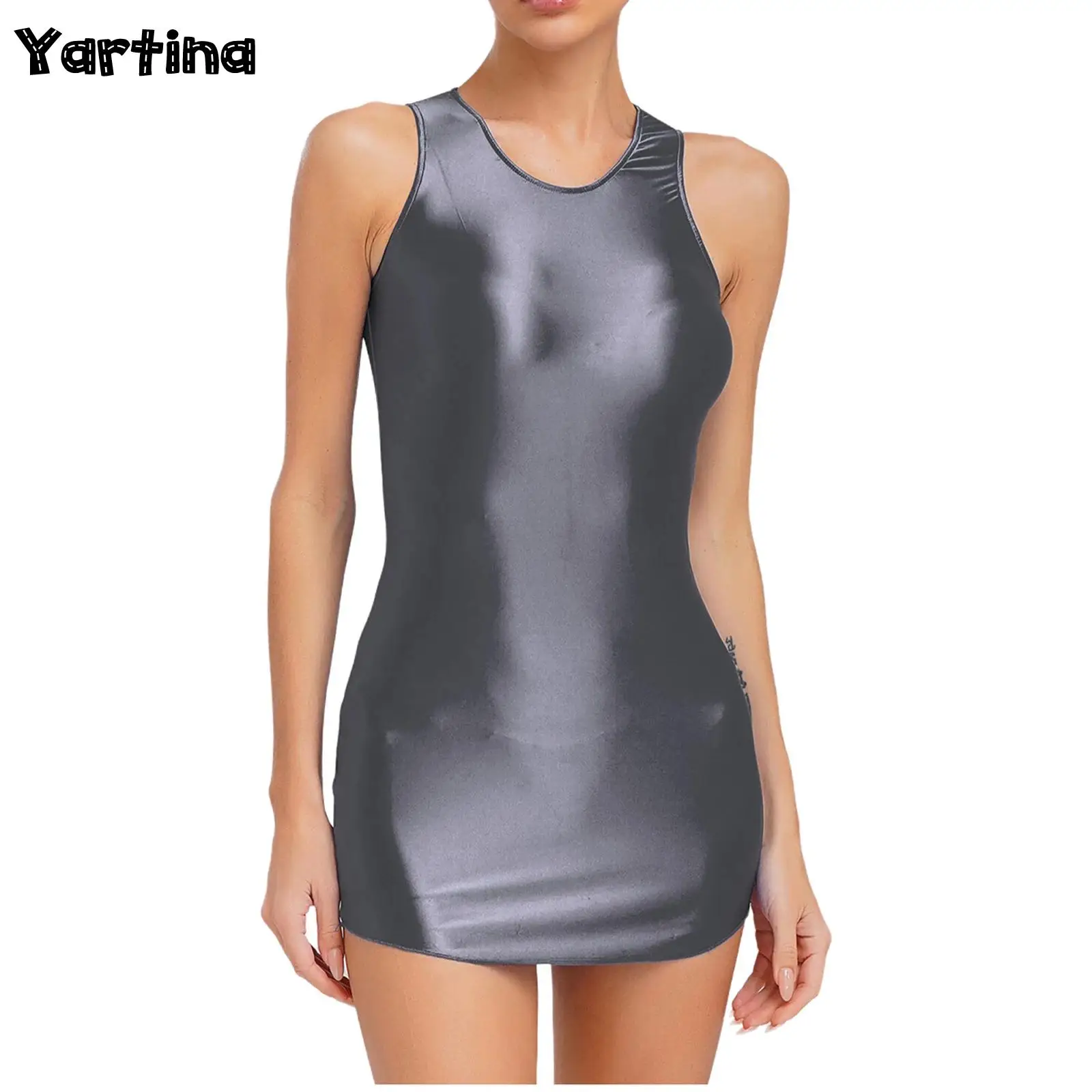 

Womens Sleeveless Wrapped Hip Bodycon Dresses Shiny Metallic Tight Mini Dress Oil Glossy Round Neck Dresses Rave Party Club Wear