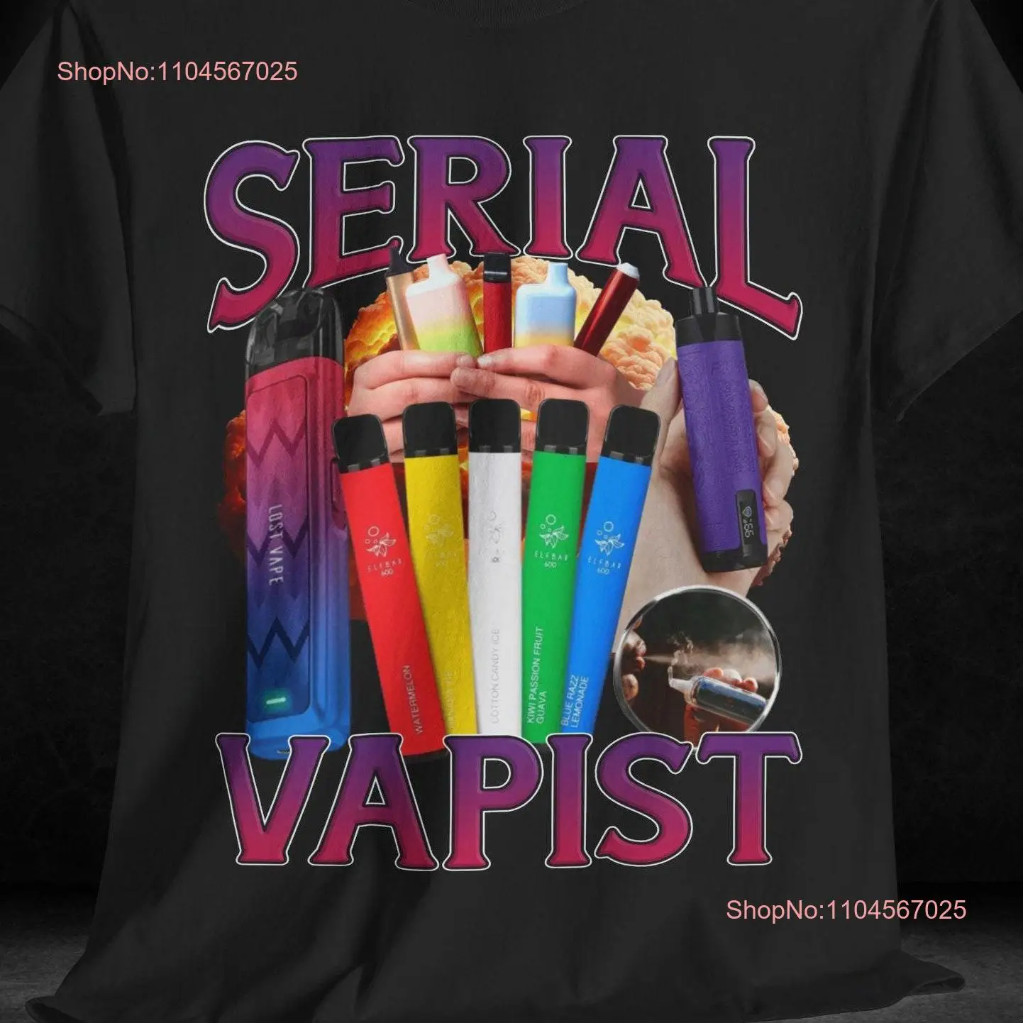 Camiseta divertida de meme de vapeo irónico con dispositivos de vapeo coloridos y marcas populares como elfo perdido, regalo elegante para vapers