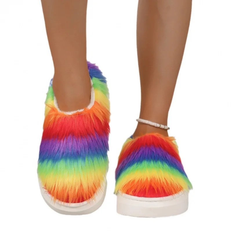 Pantoufles d'hiver en peluche et fourrure, pantoufles en coton dégradé de teinture par nouage, pantoufles d'intérieur chaudes et antidérapantes pour la maison