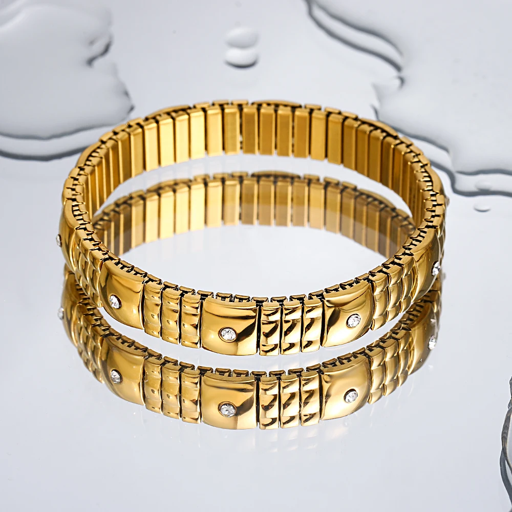 New Fashion Elastic Stainless Steel Adjustable Bracelet for Women Men Charm Embedded Rhinestone Couple Jewelry