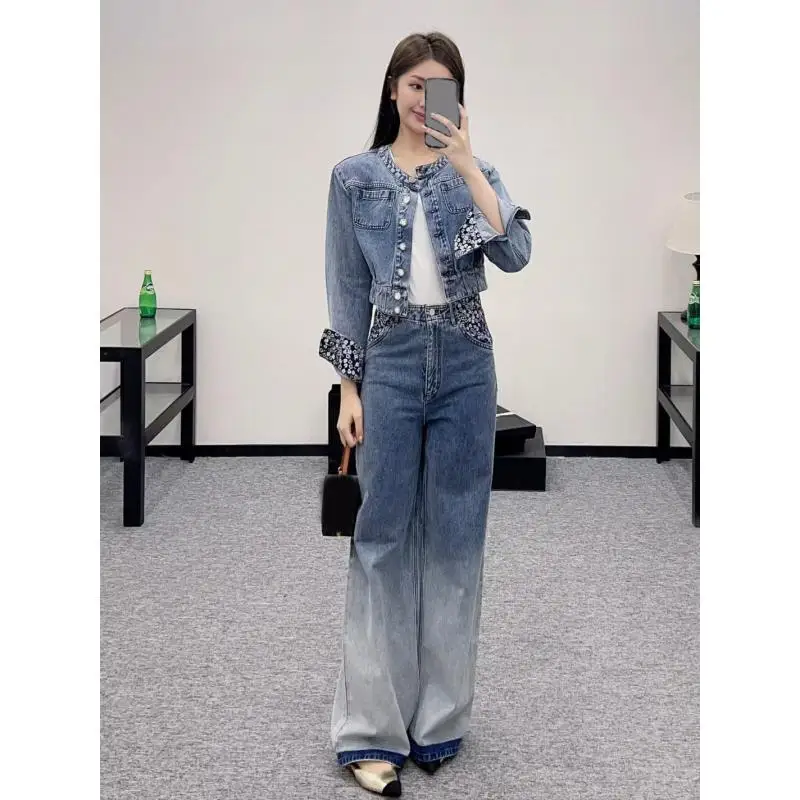 

NEW Summer Autumn Small Fragrant Style Floral High Waist Gradient Wide Leg Jeans Short Denim Jacket & Jeans