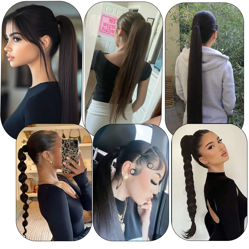 وصلة ذيل حصان صناعية سوداء طويلة ومستقيمة ومتعددة الاستخدامات مع ربطة شعر - ذيل حصان فقاعي مضفر DIY للنساء