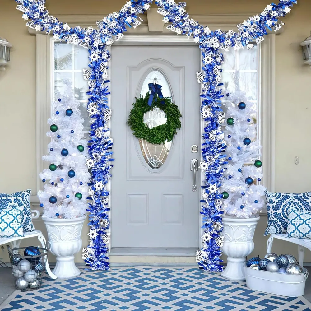 هانوكا بهرج جارلاند أزرق معدني تويست فويل بهرج جارلاند مع الشمعدان الفضي ونجمة داود الحلي إكليل معلق #4