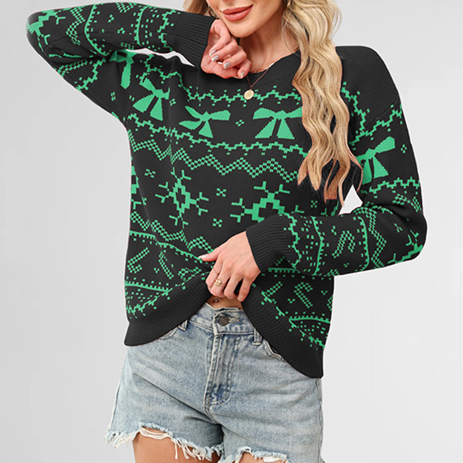 

Women'S Fashionable Round Neck Long Sleeved Christmas Snowflake Sweater Casual Pullover Knitted Sweater Top Ropa De Mujer