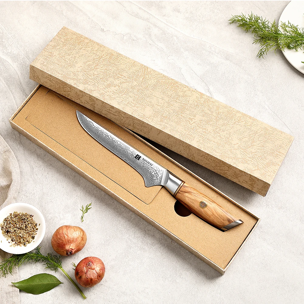 XINZUO 6 inch Boning Knife 73 Layers Custom Damascus Steel Curved Bone Stripping Knife Kitchen Knives High Quality Wood Handle