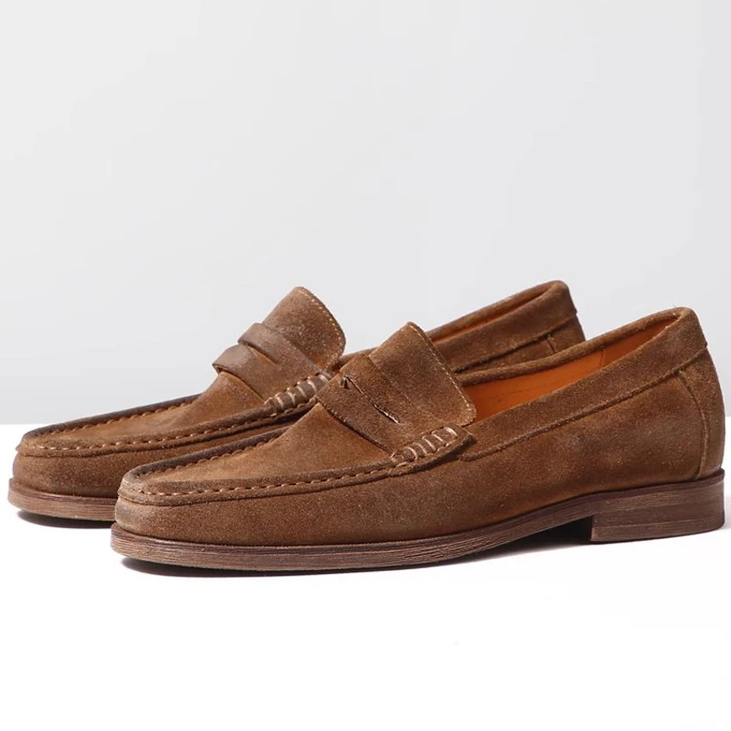 Vintage Suede Leather Slip on Men's Loafers British Style Square Head Genuine Leather Casual Walking and Driving Shoes for Men