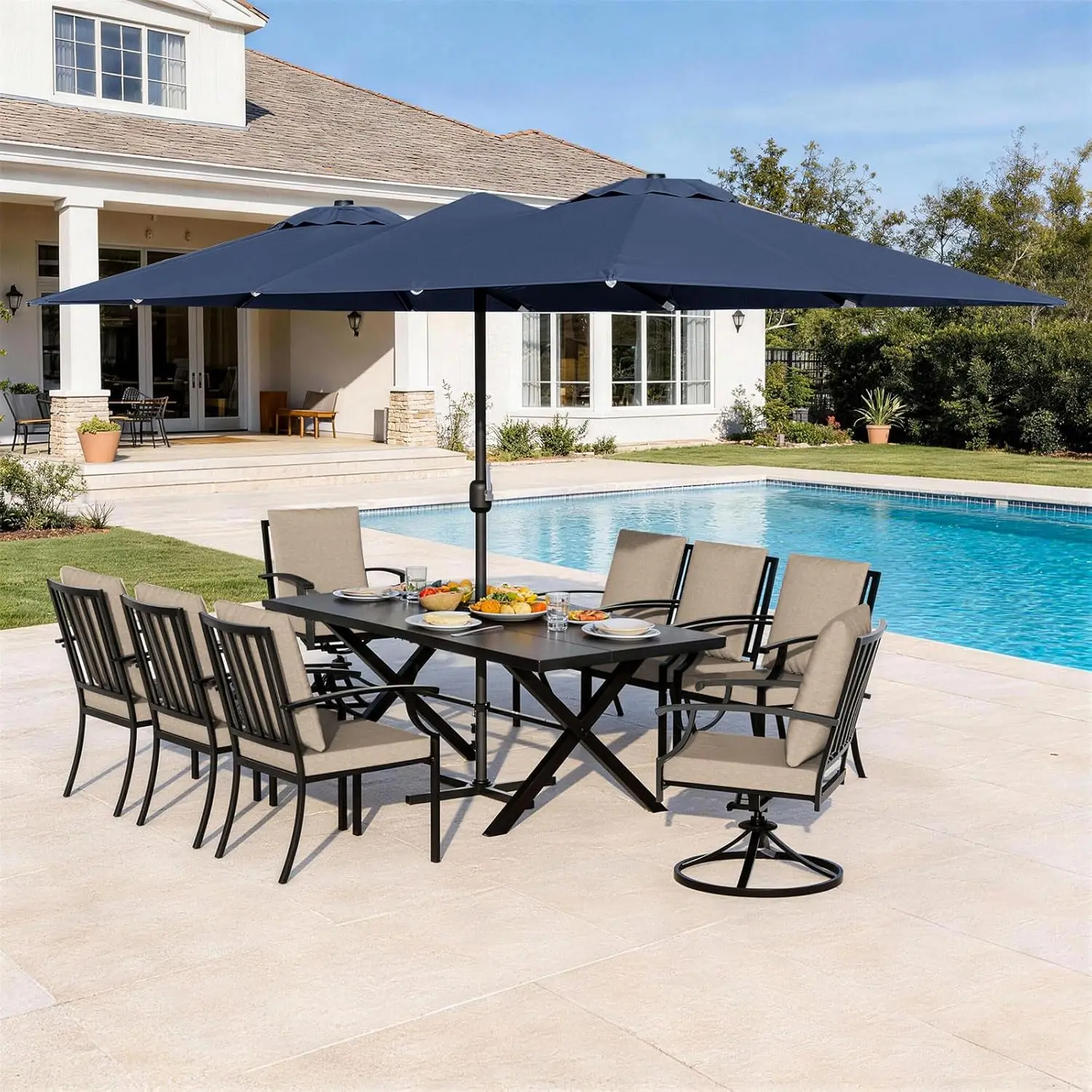 

10 Piece Outdoor Dining Table and Chairs for 8, Rectangular Patio Dining Table with 14 Ft Patio Umbrella with 2, Customized