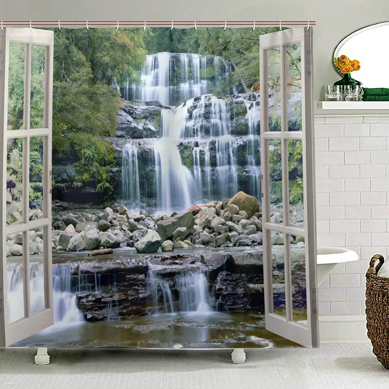 Spring Scenery Winter Landscape Bath Curtains 3d Printing Window Forest Waterfall Shower Curtain Waterproof Cloth Bathroom Decor