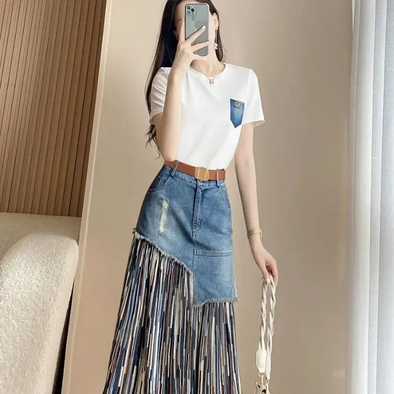 2 Pieces Sets for Women Denim Lightly Cooked Short Sleeve Skirt Formal Event Vintage Chic and Elegant New Matching Woman Outfit