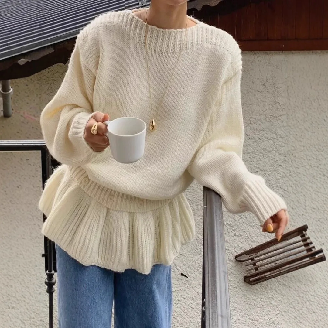 Ruffle Hem Knitted Sweater for Women in Autumn and Winter 2025 Loose and Gentle Temperament Sweater