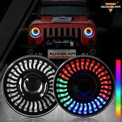 Auxbeam 7inch RGB LED Headlights  Bluetooth Controll High Low Beam Round LED Halo DRL for Jeep Wrangler JK TJ LJ 1997-2018