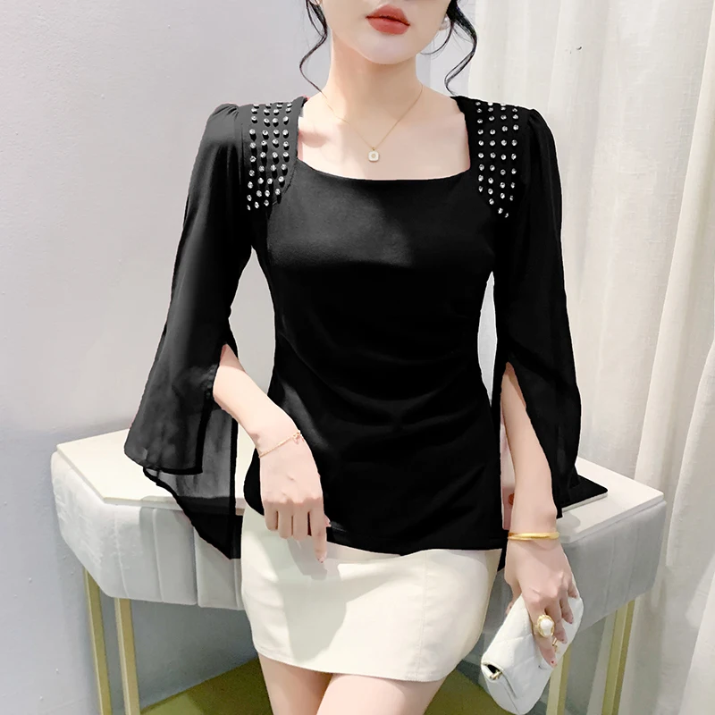 Czarna koszulka w stylu koreańskim na jesień, szykowna, seksowna, kwadratowy dekolt, błyszczące koraliki, patchwork, szyfonowe bluzki damskie, koszulki z długim rękawem, nowość 2025, 49206