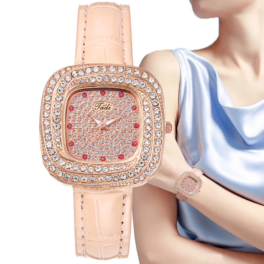 Fashion Square Ladies Luxury Full Star Diamonds Quartz Watch Casual Pink Leather Women\'s Gift Clock Wristwatch