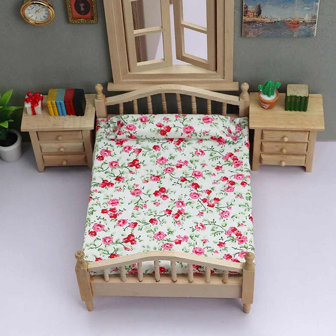 Mini lit double floral, accessoires de meubles de scène, chambre à coucher, 1:12