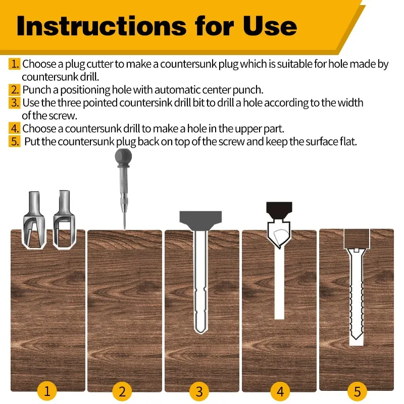 23 Pcs Woodworking Chamfer Drilling Tool Set,  Includes Wood Plug Cutters, Countersink Drill Bits, L-Wrench, and Center Punch