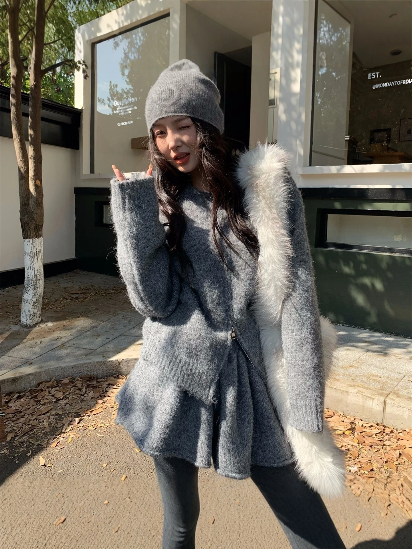 Korean Laid-back Knitted Set Women's Soft Plump White Sweater Jacket High Waist  Skirt Two-piece Autumn Outfit Combination