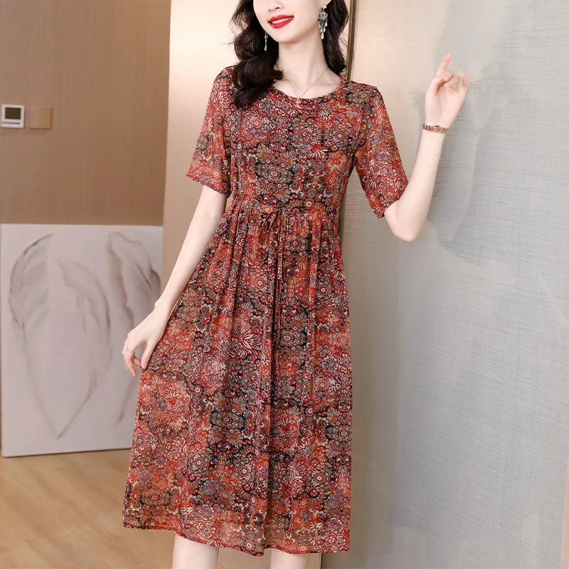 

Chiffon Summer Women Elegant Mini Dress O Neck Floral Vintage Clothes Boho Short Sleeve 2024 Loose Patchwork Vestido Festa Luxo