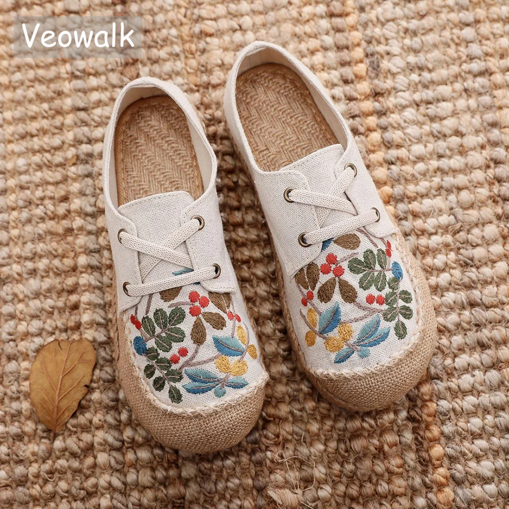 Veowalk Vegan Handmade Women Linen Canvas Espadrilles Sneakers Comfortable Lace Up Flat Embroidered Shoes Black Beige Grey