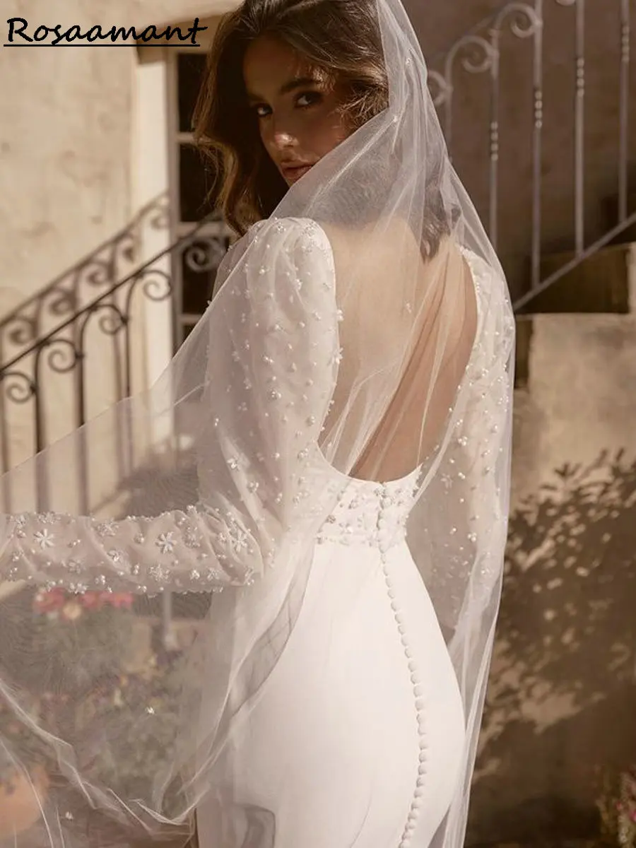 

Simple Satin Long Sleeve Backless Mermaid Wedding Dresses Square Collar Pearls Beading Country Bridal Gowns