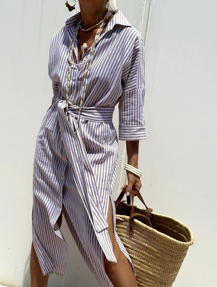 Women's Urban Commuter Dress 2024 Summer Autumn Latest Five Sleeve Striped Double Side Split Maxi Shirt Dress Collar Long Skirt