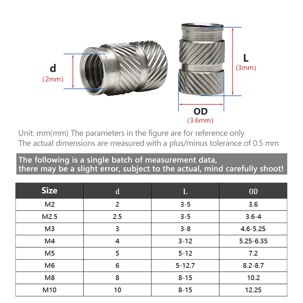 304 Stainless Steel Threaded Insert Nut M2.5 M3 M4 M5 M6 M8 M10 Hot Melt Injection Molding Embedment Heat Set Nut for 3d Printer