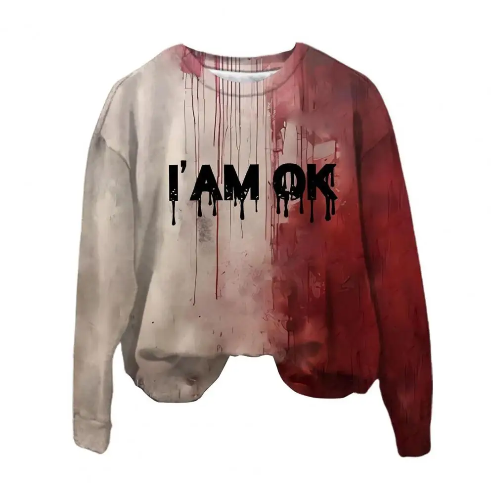 Women Sweatshirt 3D Bloodstain Print Round Neck Casual Halloween Haunted House Cosplay Top Long Sleeves Loose Hoodie