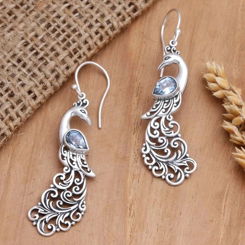 Vintage Exquisite Blue Synthetic Zirconia Peacock Hook Earrings Women's Elegant Charm Banquet Festival Jewelry Accessories Gifts