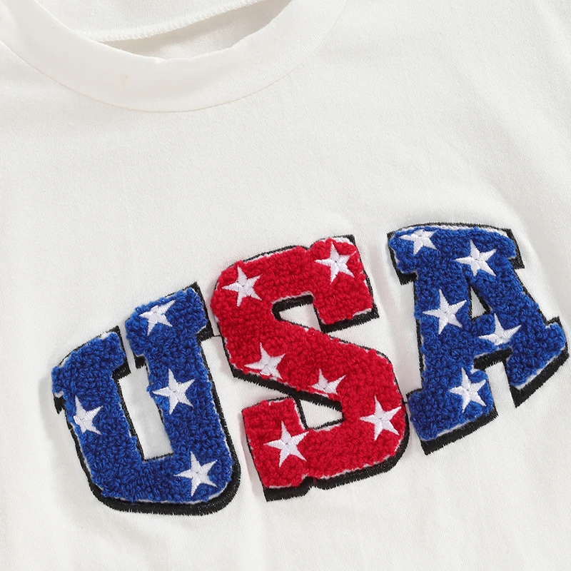 2024-03-06 Lioraitiin Summer Baby Girls Boys 4th of July Clothes Short Sleeve O-Neck Letter Embroidery Bodysuit Infant Playsuit image 4