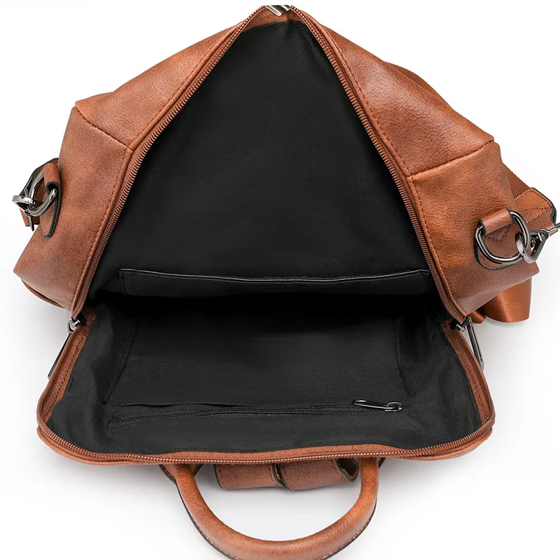 حقيبة ظهر نسائية من جلد البولي يوريثان، متعددة الجيوب، متعددة الوظائف، ذات سعة كبيرة لتخزين الكمبيوتر، حقيبة اليد والكتف #3