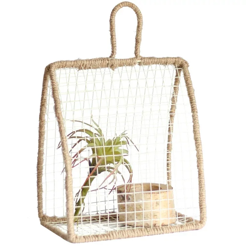 Hand-woven Jute Rope Cover Handbag Shaped Ornamental Metal Wire Basket for Decor, Unique Gift