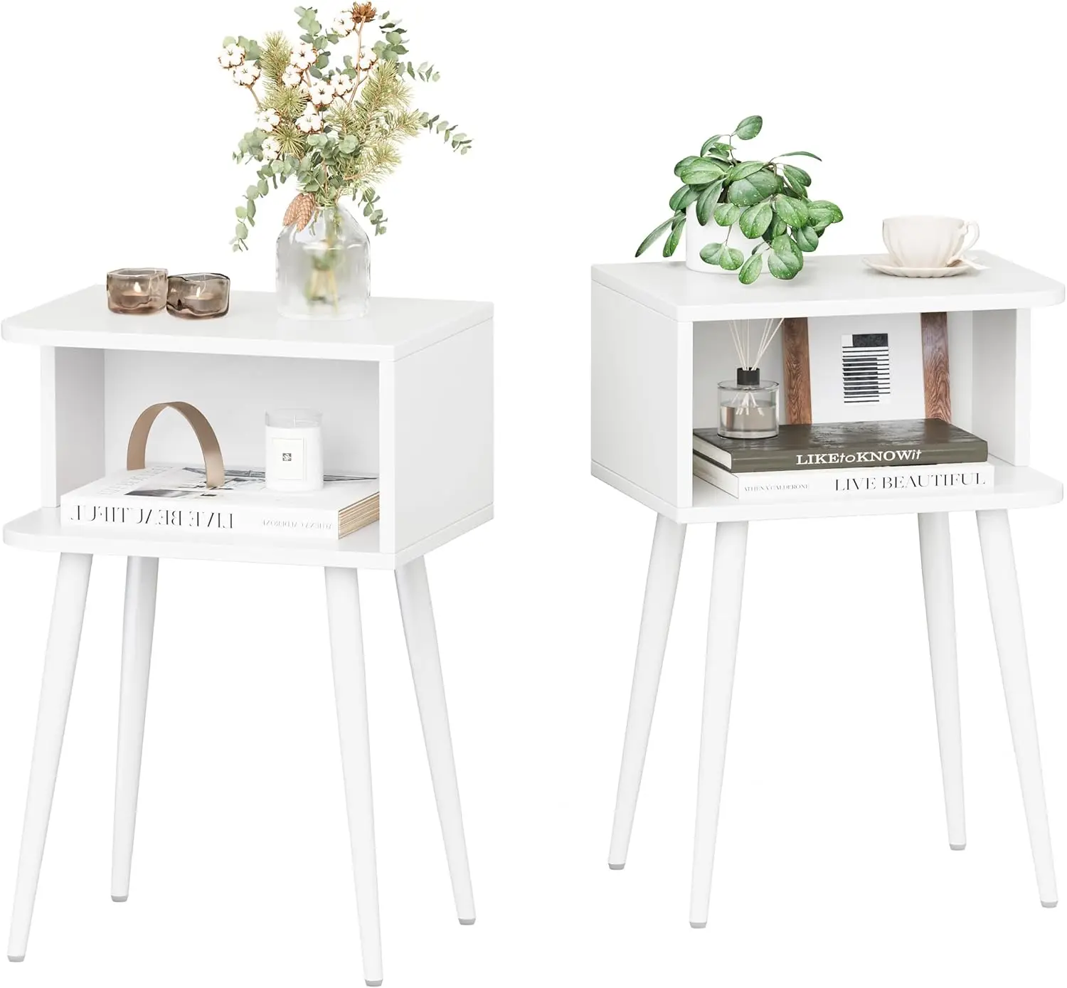 

White Nightstand Set of 2, Small Bed Side Table for Small Spaces, Mid Century Modern Nightstand End Table with Open Storage,