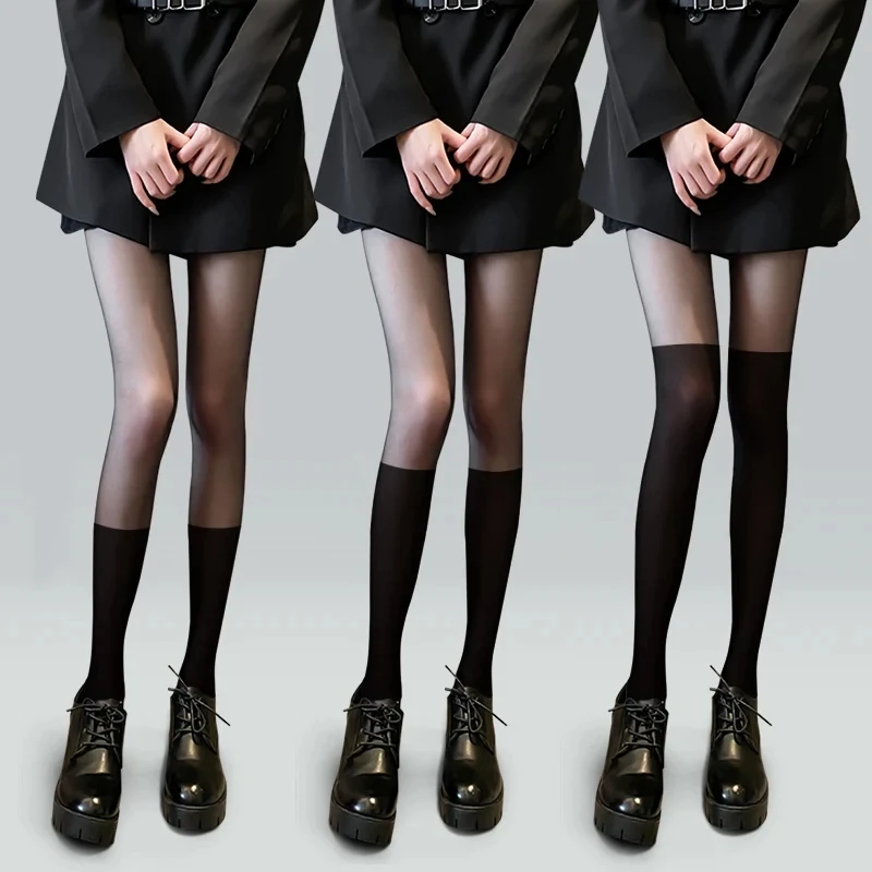 

Women's Sexy Patchwork Sheer Black Thigh High Fake Stockings Slim Perfect Legs Tights Stripe Over Knee Pantyhose Female Hosiery