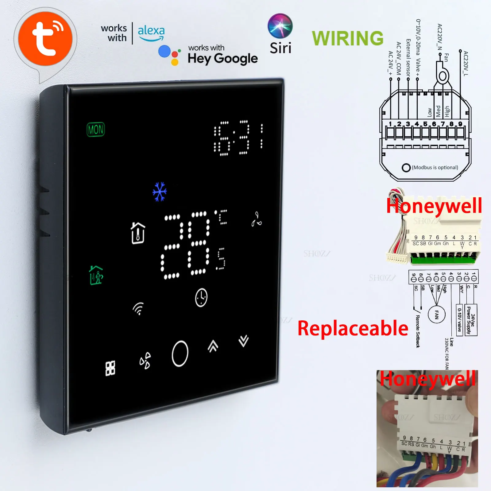 Termostato inteligente TUYA Wifi para aire acondicionado central, válvula de 24 V 0-10 V de temperatura, ventilador de 3 velocidades, sensor externo, controlador inalámbrico, compatible con la sustitución de Honeywell