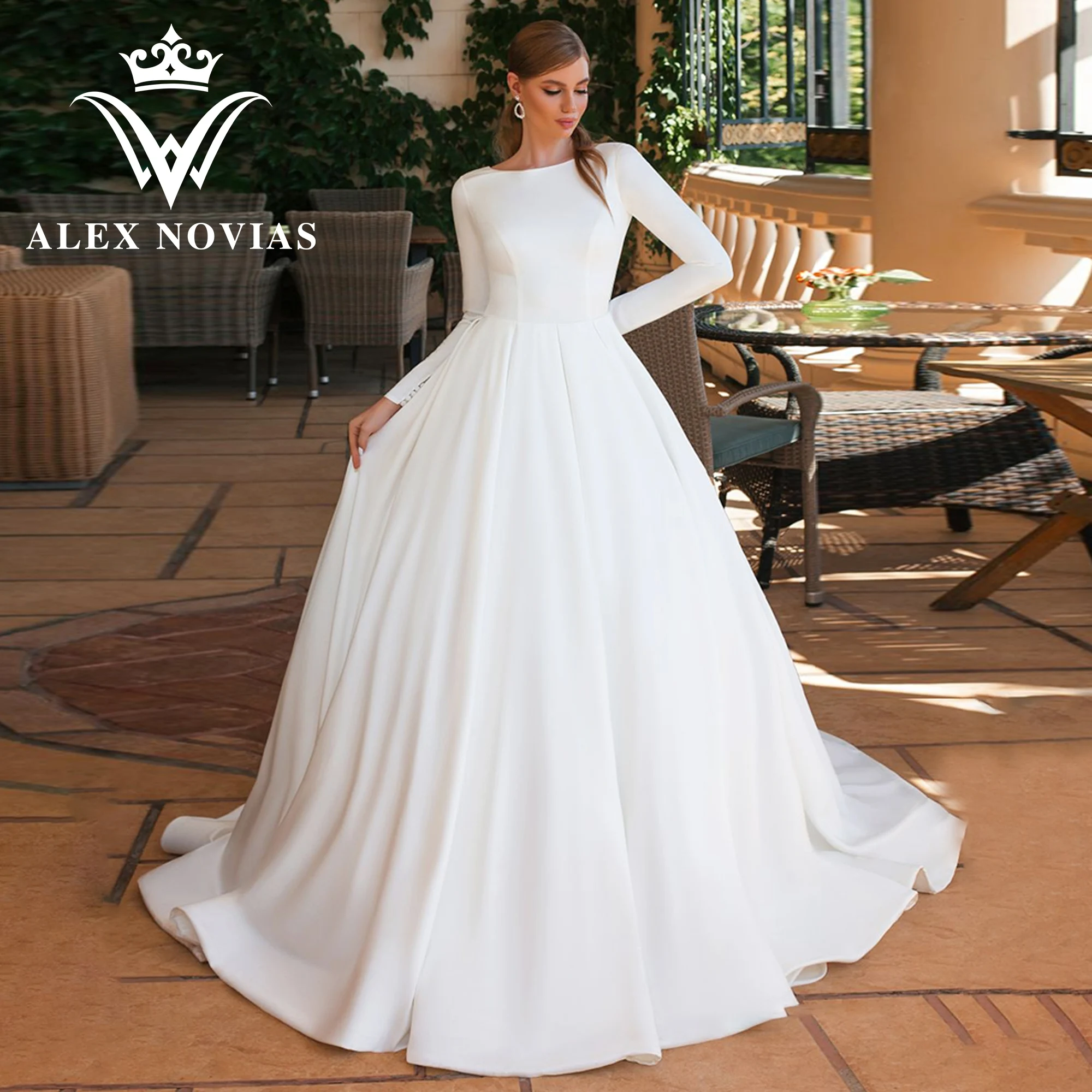 

ALEX NOVIAS Long Sleeve Ball Gown Wedding Dresses 2023 Simple SCOOP Backless Button Satin Wedding Gown Vestido Novias De Saten