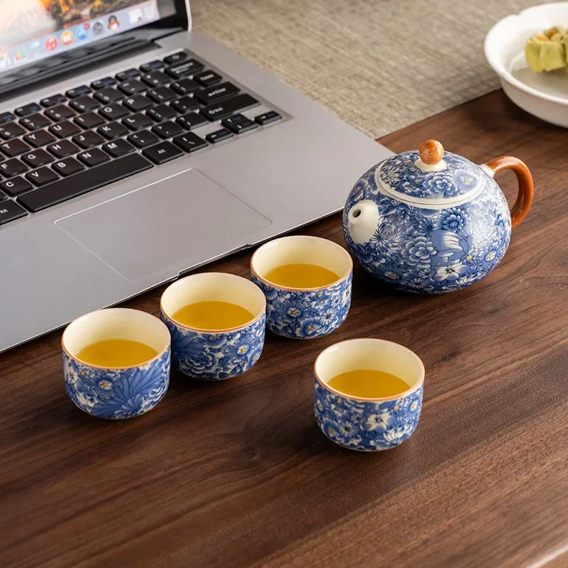 One Pot, Four Cups, Ru Kiln Ceramic Kung Fu Tea Set, New Style, Home Living Room Reception Chinese Teapot Tea Cup Teaware