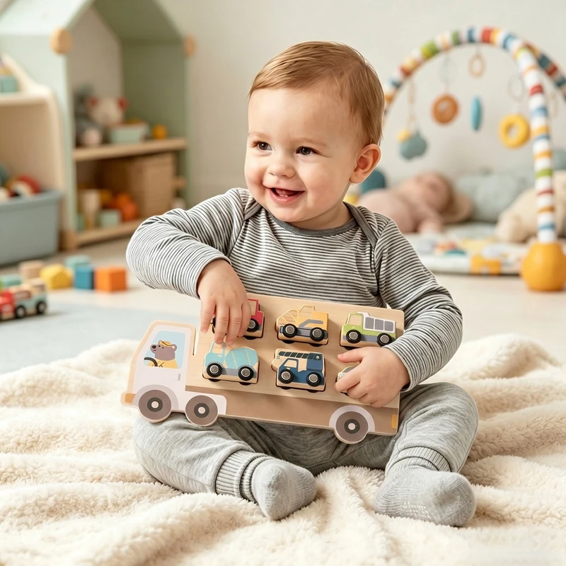 0-3 Jahre Auto-Spielzeug Holz-Baufahrzeug-Set Montessori Formen-Zuordnungspuzzle mit 6 Stück Baufahrzeuge Lernspielzeug – Detail 1