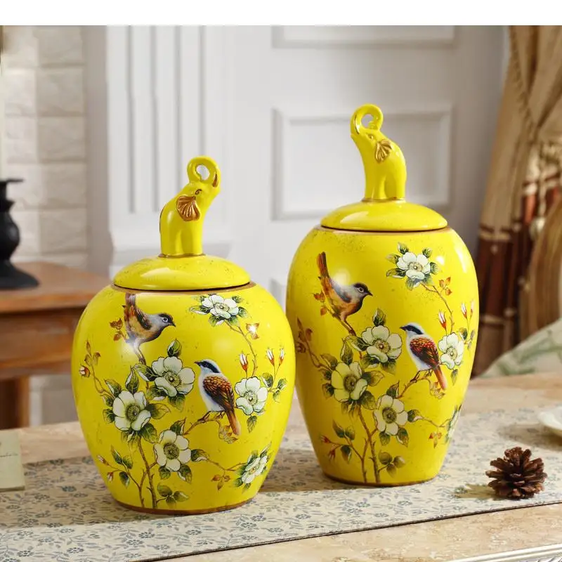 Antique Yellow Candy Jars with Cover Storage Jar Sugar Bowl Flower Pattern Jewelry Container Organizer American Home Decor