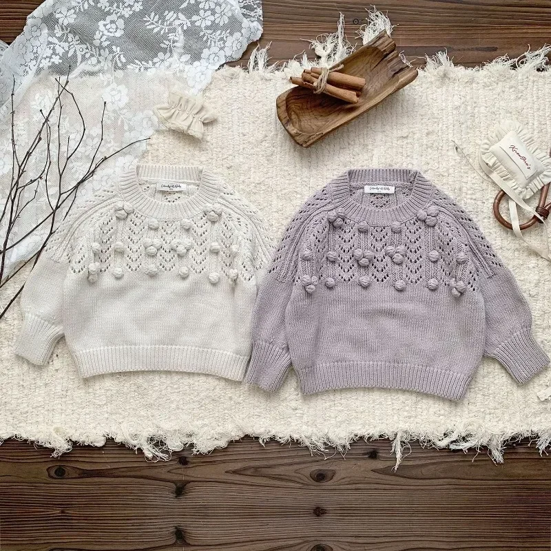 Autumn Winter Kids Sweaters Sweet Yarn Ball Knitted Tops Girls O-neck Pullover Knitwear Daily Outfit Baby Girl Winter Clothes