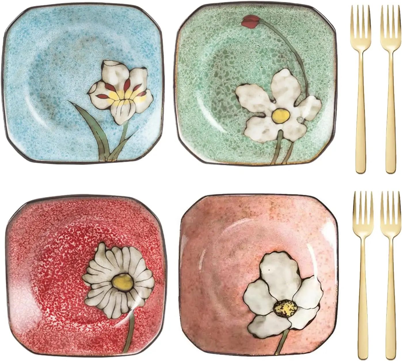 

(Ceramic plates Set of 4 + 4 Forks) Deep dishs for kitchen, 6.9 inches -for Breakfast, Lunch and Dinner - suitable for Steaks, S