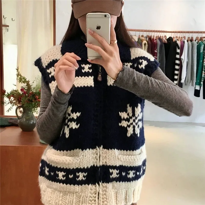 2025年秋新作 襟付きセーターベスト レディース 韓国ファッション ジッパー ジャカード ノースリーブ ニットジャケット レディースカーディガン