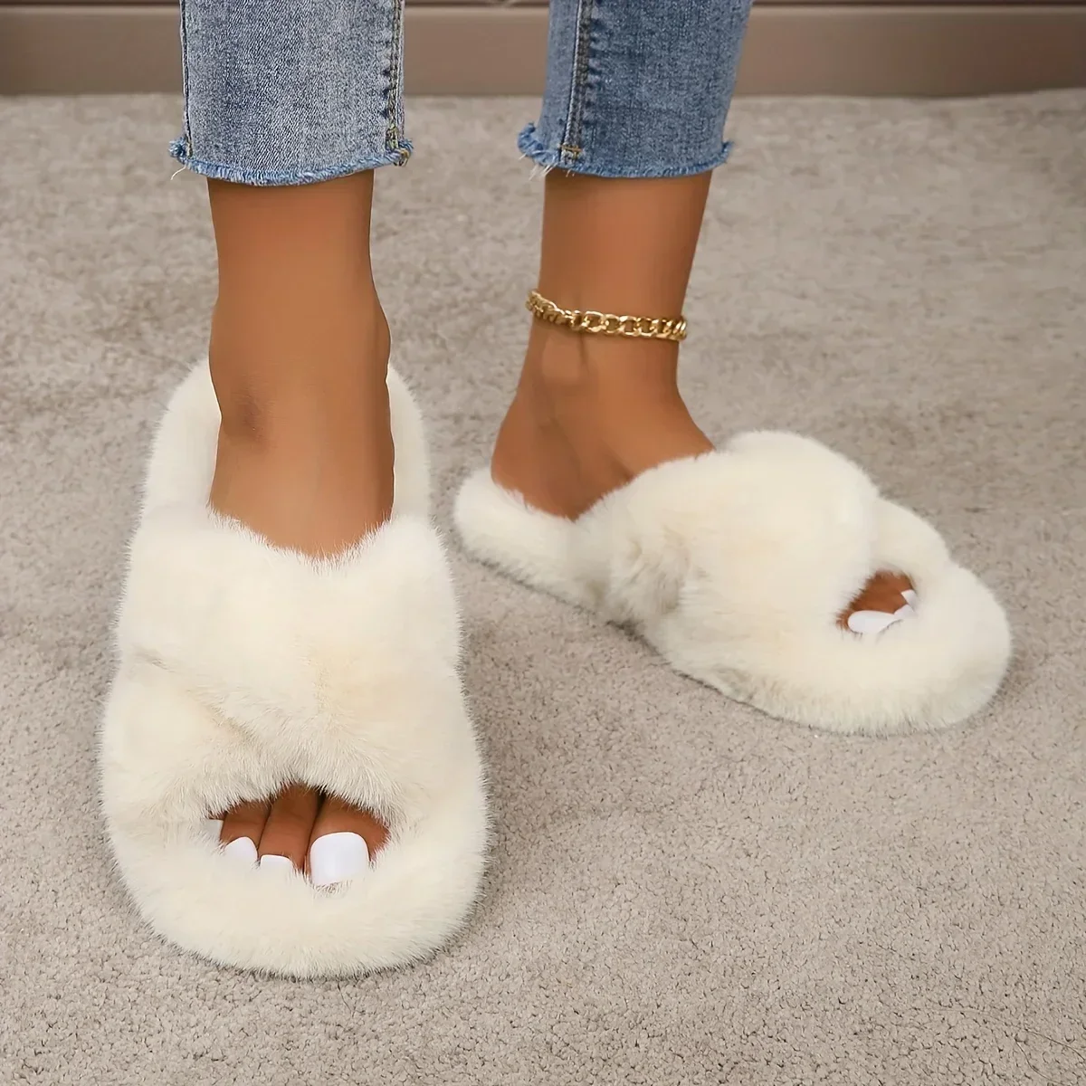 2023 Fluffy Furry Cross Band Fuzzy Slippers Cozy Open Toe Flat Plush House Shoes Comfy Warm Home Slides Winter Women Sandals