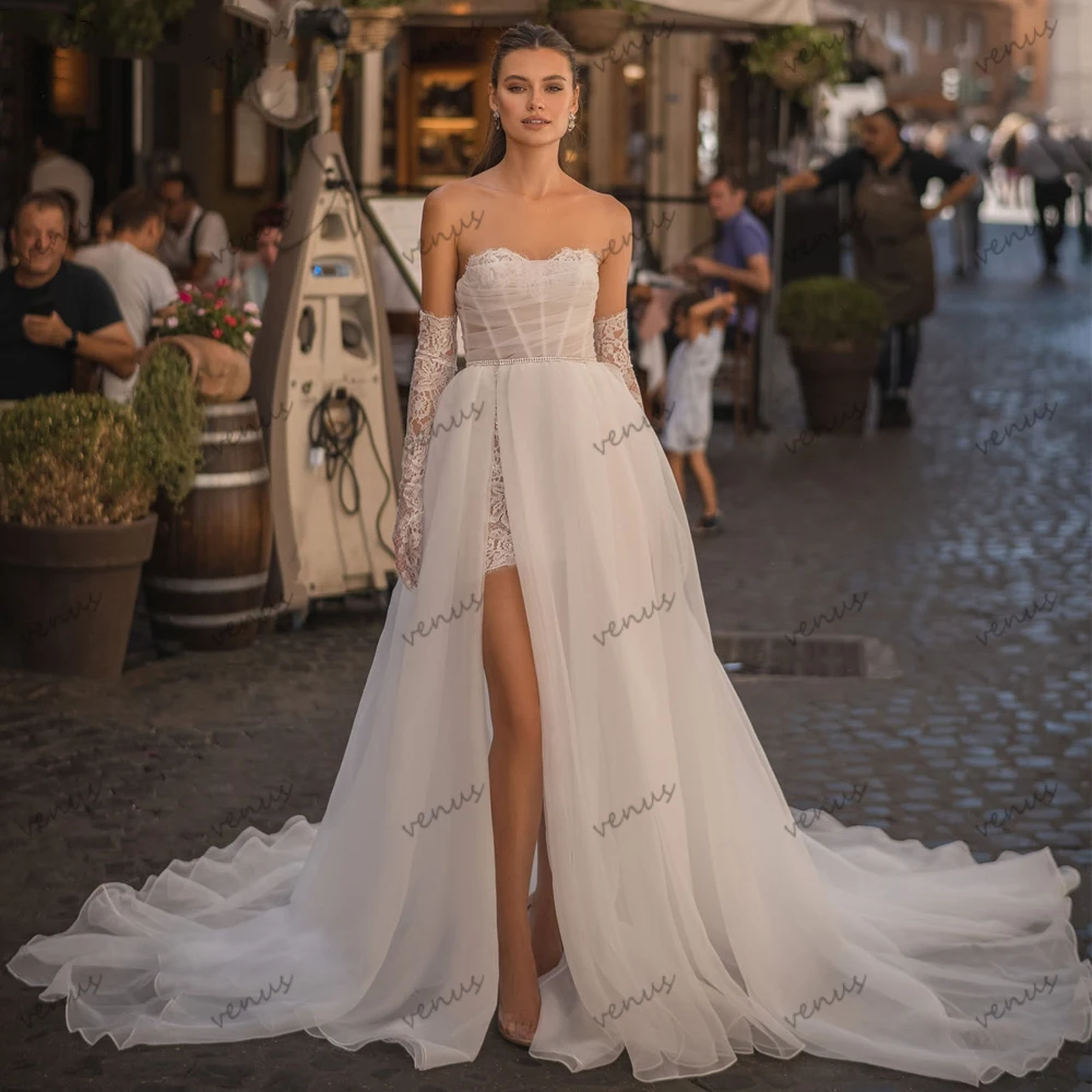 Modern Wedding Dresses A-Line Illusion Bridal Gowns Strapless Sexy Robes For Formal Party High Slit Backless Vestidos De Novia