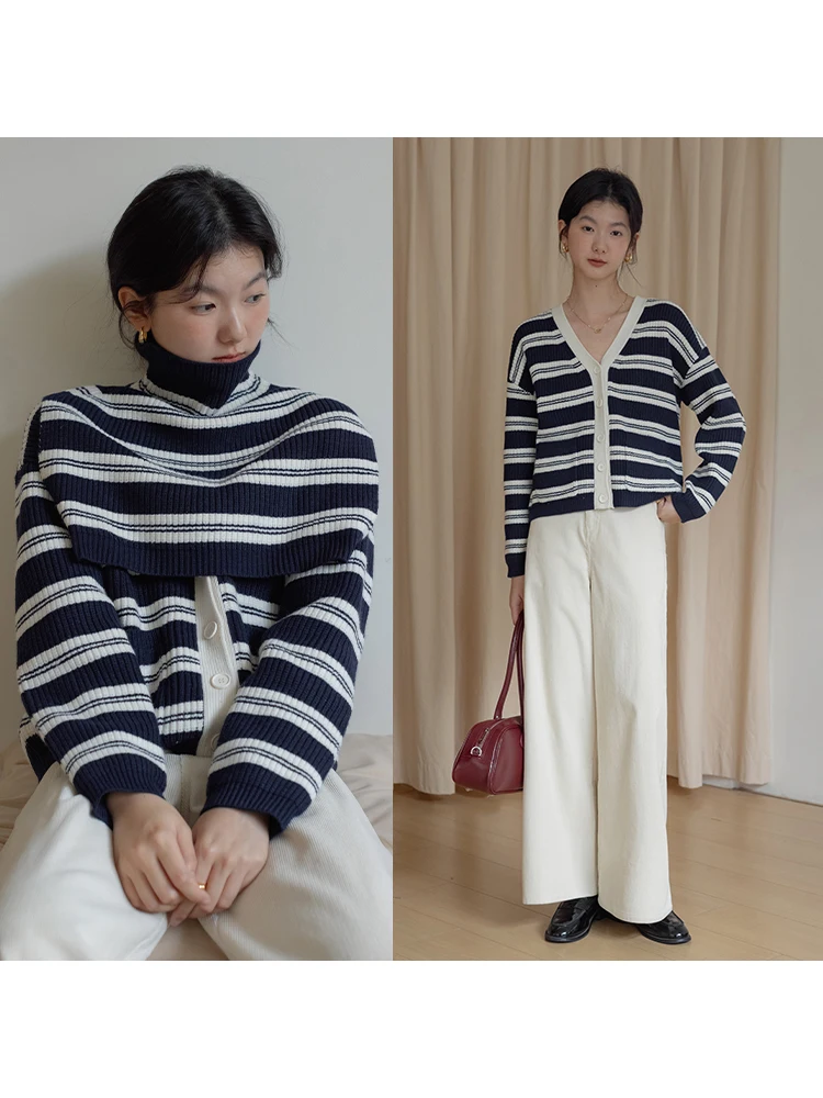 

EGGKA Autumn Design Striped Elegant Open Cardigan Sweater Loose Long Sleeve Casual Women's Top Fashionable Polyester Fiber