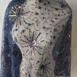 Deep navy blue/light blue/flesh pink stars moon pearl pieces sequins lace fabric skirt dress, women's clothing embroidery X894