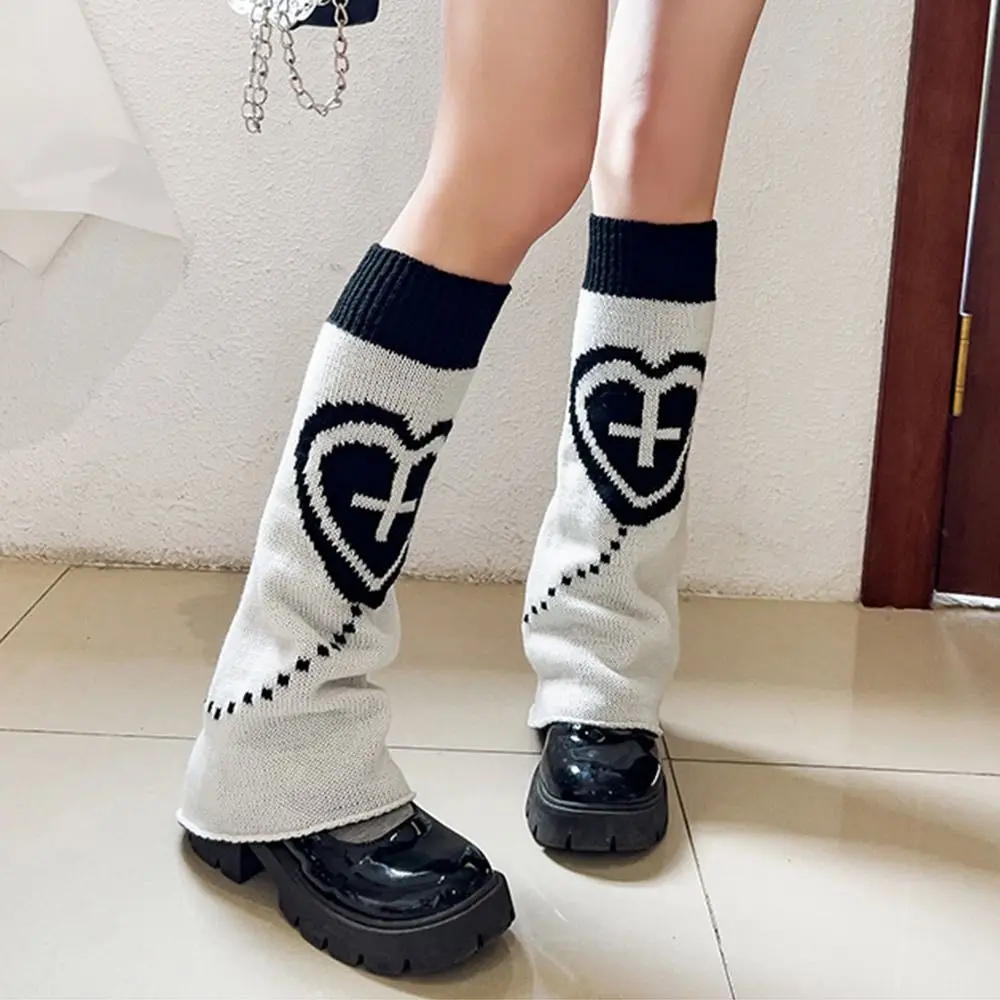 Star Pattern Women Leg Warmers Cross Design Two Side Wear Knitted Leg Warmers Heart Motif Loose Fit Knee High Leg Socks Winter