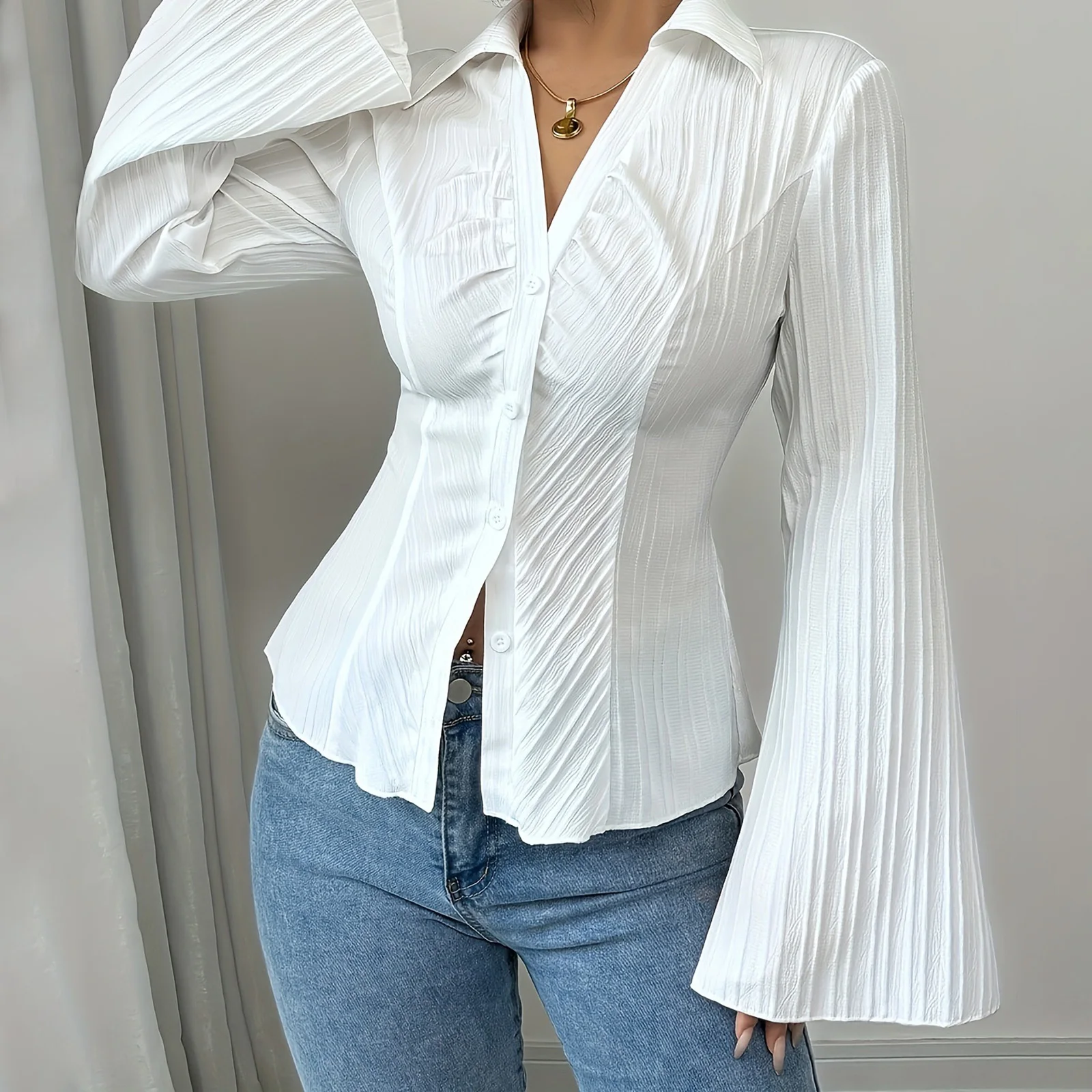 Vintage Damen-Plisseehemden, modische einfarbige Glocke, lange Ärmel, Revers, V-Ausschnitt, Knopfleiste, Bluse