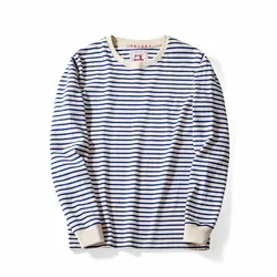 Blue White Sea Soul Shirt T-shirt Heavy Cotton Striped Sports Jersey Men's Round Neck Long-sleeved Outdoor Fitness Running Train